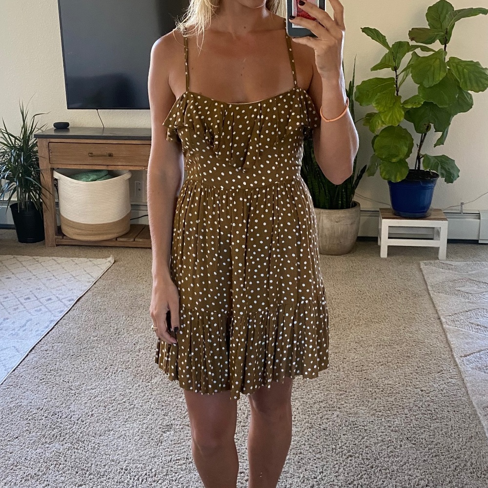 MINKPINK dark sand ruffled polkadot dress